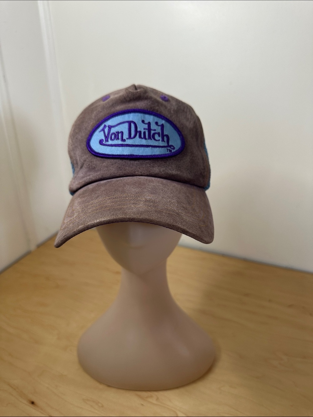 Von Dutch Brown Suede Cap with Blue Patch and Purple Trim